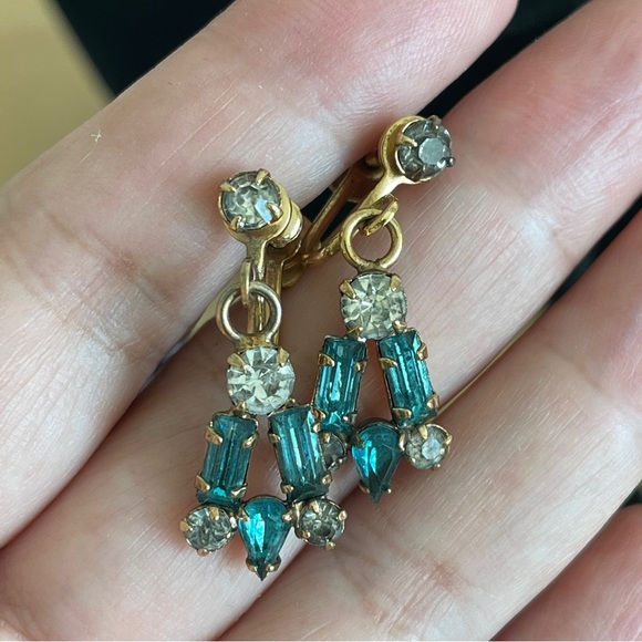 Vintage West Germany Turquoise Rhinestone Faux Pearl Brooch  Vintage gold plated rhinestone brooch/pendant two-way&clip earrings set unsigned